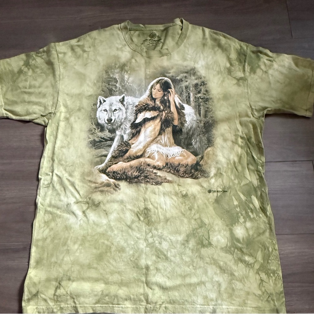 The Mountain Olive Tie-Dye T-Shirt with Wolf and Woman